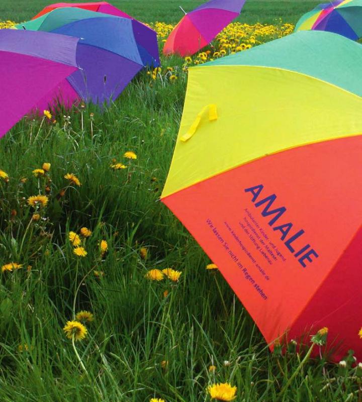 Wiese mit bunten Regenschirmen mit dem Amalie-Logo
